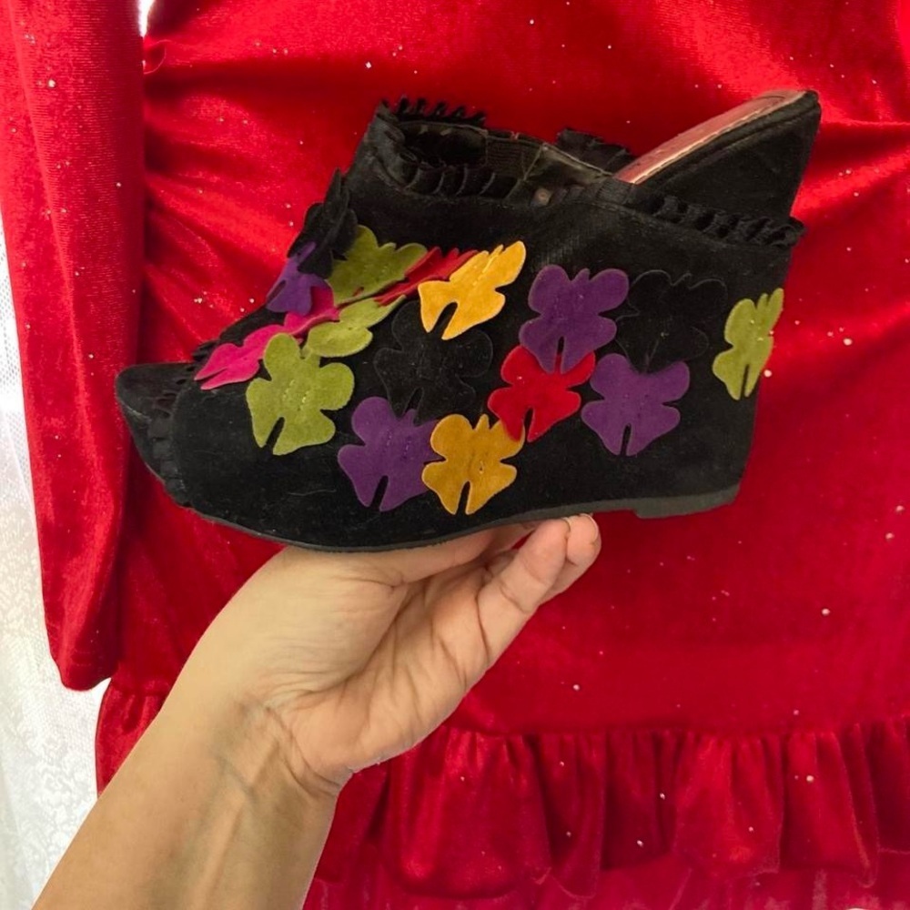 Black Suede Wedges with Colorful Butterfly Accents Bamboo 6 1/2